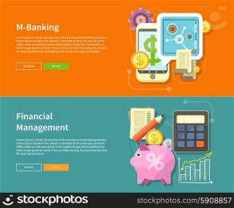 Internet online banking. Money exchange m banking. Accounting with digitial caculator. Financial management concept with item icons graph, pig, calculator, document page in flat design
