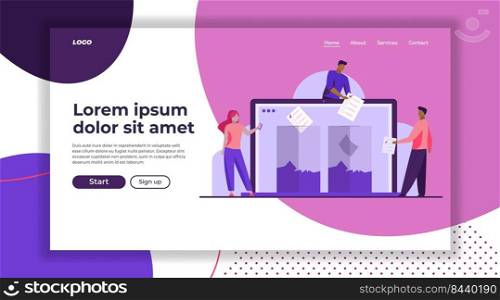 Internet or electronic voting. Man throwing forms into ballot box on laptop display flat vector illustration. Election campaign, poll, democracy concept for banner, website design or landing web page