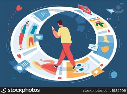 Internet or social media addiction, character scrolling through app. Person using smartphone, endless scroll addict vector illustration. Man user surfing networks with photos and posts