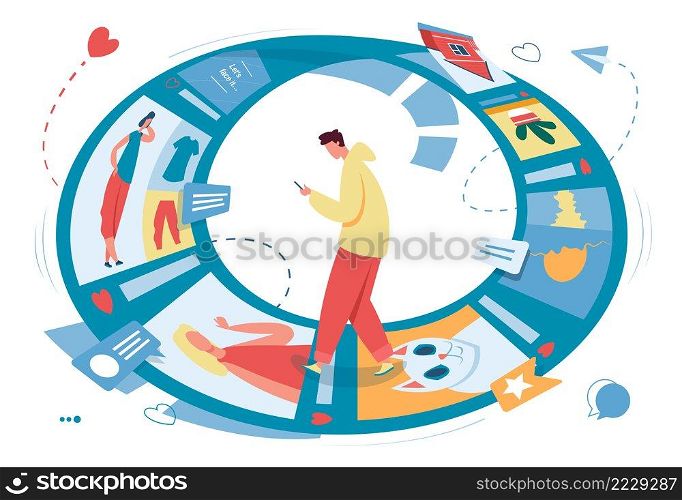 Internet or social media addiction. Male character using smartphone, scrolling photos. Endless feeds with posts. Addicted boy surfing networking sites app online vector illustration. Internet or social media addiction. Male character using smartphone, scrolling photos. Endless feeds with posts