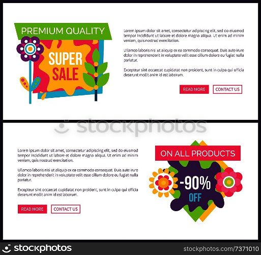 Internet pages set special promotion landing sites, premium total sale labels, cartoon style flowers vector blooming buds final price off online posters. Internet Pages Set Special Promotion Landing Pages
