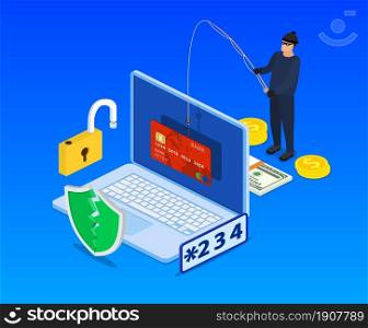 Internet phishing and hacking attack isometric concept. Email spoofing and personal information security background. internet attack on credit card. vector illustration in flat design.. Internet phishing and hacking attack concept.