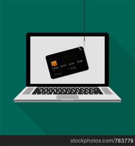 Internet phishing and hacking attack on laptop, vector flat concept. Vector stock illustration.