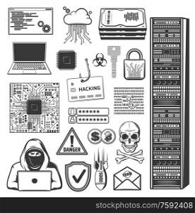 Internet phishing, hacking, computer security fraud and cyber crime symbols. Vector computer hacker, ddos attack and digital malware, account login hack, password and credit card data phishing icons. Internet phishing, hacker fraud and cyber crime