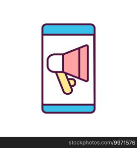Internet promotion In app advertising RGB color icon. Social media relations. Online promotional c&aign. Marketing service. Mobile phone communication. Isolated vector illustration. Internet promotion In app advertising RGB color icon