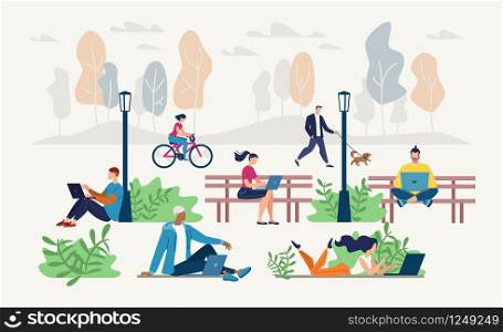 Internet Public Access Point in City Park Flat Vector Concept. Young People Sitting on Bench or Lawn, Distant Working on Laptop, Networking, Messaging Online, Communicating with Friends Illustration