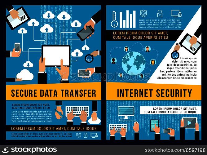 Internet security and secure data transfer poster for digital technology. Vector brochure of data streams or cloud storage and online communications with smartphone, computers and electronic devices. Data internet security technology vector posters