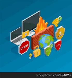 Internet Security Concept . Internet security isometric concept with antivirus and hacking activity symbols vector illustration