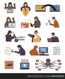 Internet Security Hackers Flat Icons Set. Internet security hackers tools tricks and schemes flat icons collection with broken padlock octopus isolated vector illustration