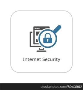 Internet Security Icon. Flat Design. Security concept with a PC, web page, magnifying glass and a padlock. Isolated Illustration. App Symbol or UI element.