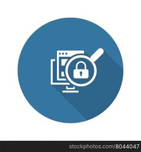 Internet Security Icon. Flat Design. Security concept with a PC, web page, magnifying glass and a padlock. Isolated Illustration. App Symbol or UI element.