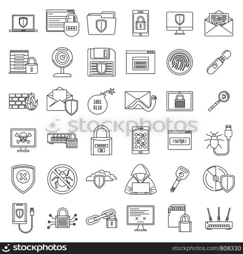 Internet security icon set. Outline set of internet security vector icons for web design isolated on white background. Internet security icon set, outline style