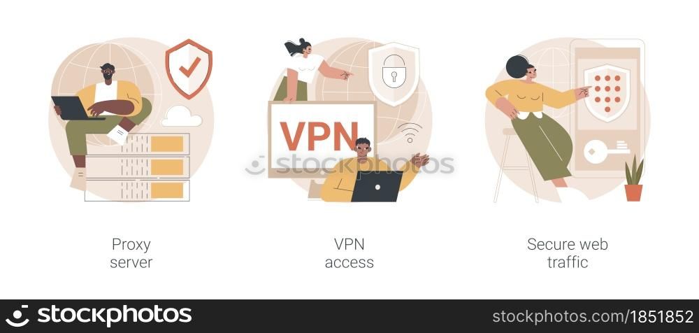 Internet security settings abstract concept vector illustration set. Proxy server, VPN access, secure web traffic, IP address, network access, connectivity, encrypted data transfer abstract metaphor.. Internet security settings abstract concept vector illustrations.