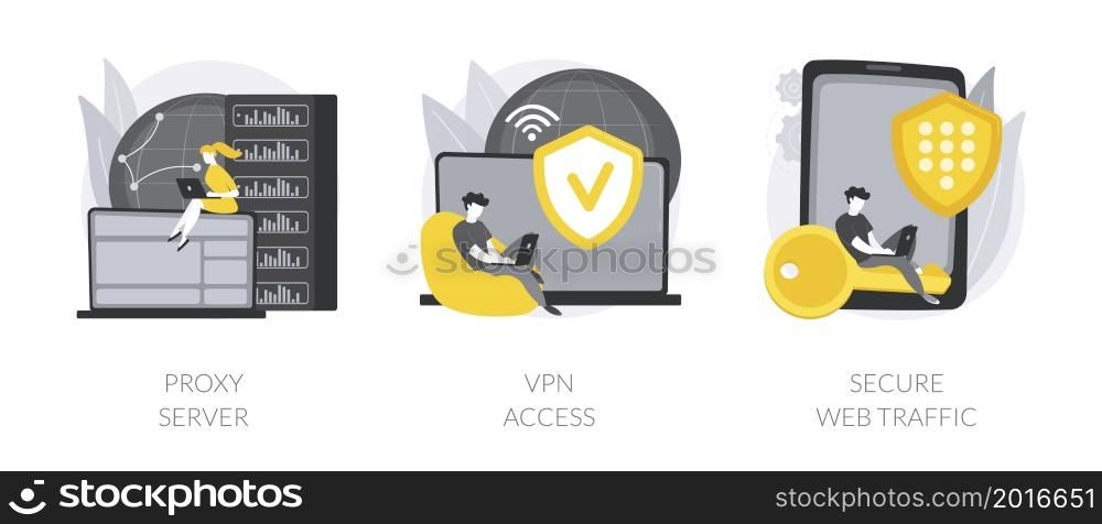 Internet security settings abstract concept vector illustration set. Proxy server, VPN access, secure web traffic, IP address, network access, connectivity, encrypted data transfer abstract metaphor.. Internet security settings abstract concept vector illustrations.