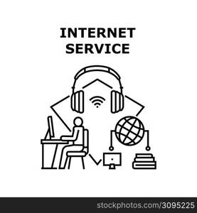 Internet Service Vector Icon Concept. Internet Service For Studying Online, Reading And Listening Audio Book. Student Study At Electronic Computer. Virtual Digital Library Black Illustration. Internet Service Vector Concept Black Illustration