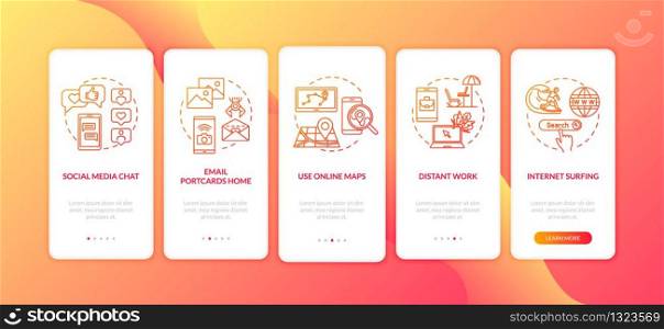 Internet services onboarding mobile app page screen with concepts. Online chat, distant work and navigation walkthrough 5 steps graphic instructions. UI vector template with RGB color illustrations