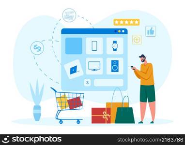 Internet shop concept, make choose in store. Vector online internet app, payment for shopping illustration. Internet shop concept, make choose in store