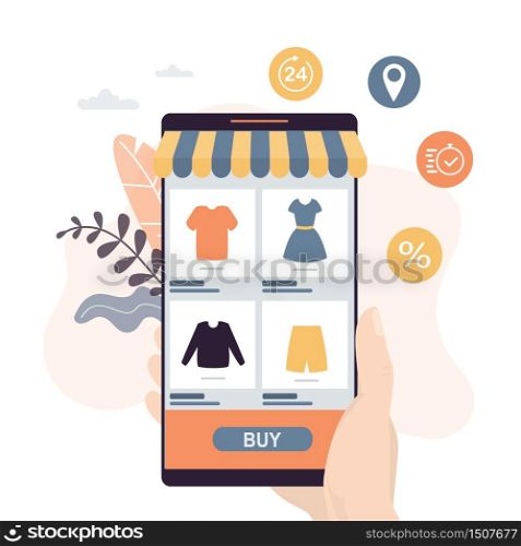 Internet shop technology banner. Hand holding modern smartphone with marketplace application on screen. Order,payment and delivery concept background. Flat vector illustration
