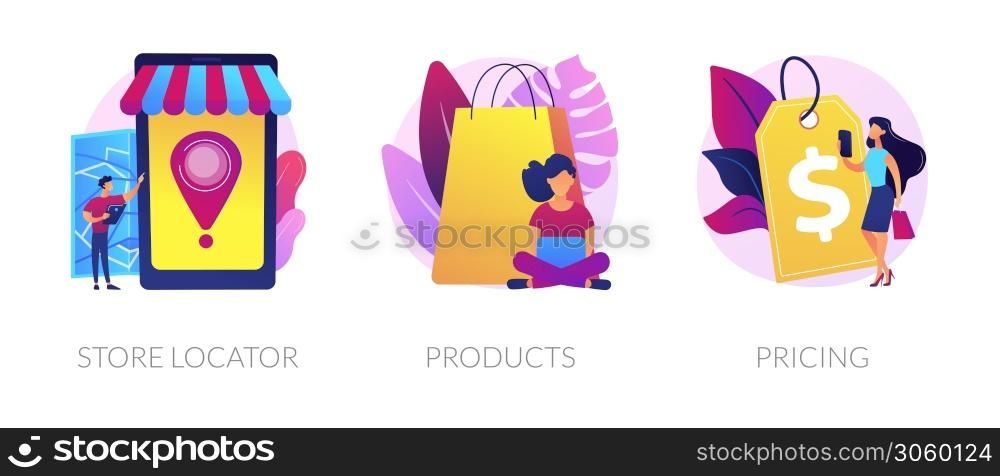 Internet shop web icons set. Goods ordering, price tag cliparts pack. Consumerism and marketing. Store locator, product, pricing metaphors. Vector isolated concept metaphor illustrations. Online store vector concept metaphors.