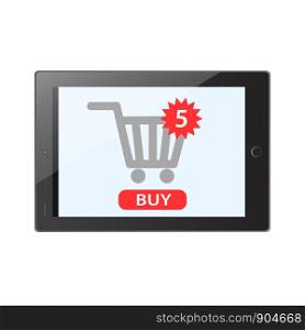 Internet shopping concept. Buy button on tablet. Five items in shopping cart. E-commerce concept. Shopping online.
