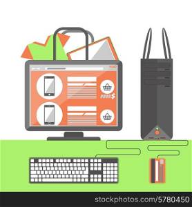 Internet shopping concept. Monitor with shopping bag cart on screen and close package from store flat cartoon design style