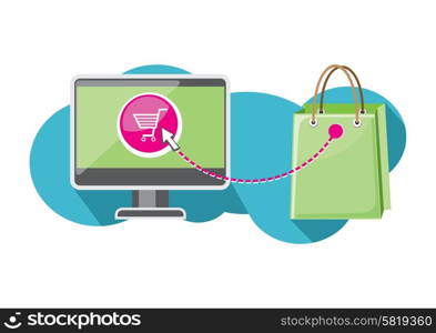 Internet shopping concept. Monitor with shopping cart on screen and close package from store cartoon design style
