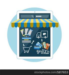 Internet shopping concept smartphone with awning of buying products via on line shop store e-commerce ideas e-commerce symbols sale elements on stylish background