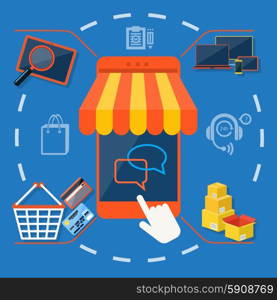 Internet shopping concept smartphone with awning of buying products via on line shop store e-commerce ideas e-commerce symbols sale elements on stylish background. Internet shopping concept smartphone with awning