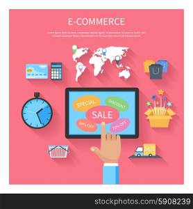 Internet shopping e-commerce concept with monitor screen of buying products via online shop store e-commerce ideas and symbols sale elements on stylish background. Internet shopping concept with monitor screen