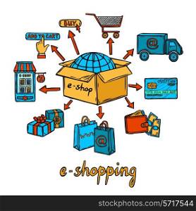 Internet shopping e-commerce mobile worldwide online purchase business process doodle design concept vector illustration