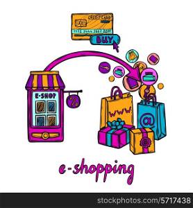 Internet shopping e-commerce online purchase business payment system doodle design concept vector illustration
