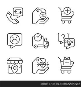 Internet shopping features pixel perfect linear icons set. Customer service. Product delivery. Customizable thin line symbols. Isolated vector outline illustrations. Editable stroke. Internet shopping features pixel perfect linear icons set