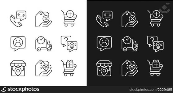 Internet shopping features pixel perfect linear icons set for dark, light mode. Customer service. Product delivery. Thin line symbols for night, day theme. Isolated illustrations. Editable stroke. Internet shopping features pixel perfect linear icons set for dark, light mode