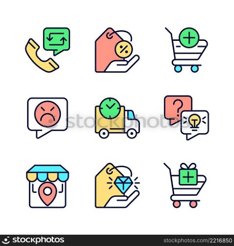 Internet shopping features pixel perfect RGB color icons set. Customer service. Product delivery. Isolated vector illustrations. Simple filled line drawings collection. Editable stroke. Internet shopping features pixel perfect RGB color icons set