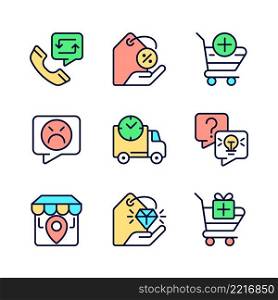 Internet shopping features pixel perfect RGB color icons set. Customer service. Product delivery. Isolated vector illustrations. Simple filled line drawings collection. Editable stroke. Internet shopping features pixel perfect RGB color icons set