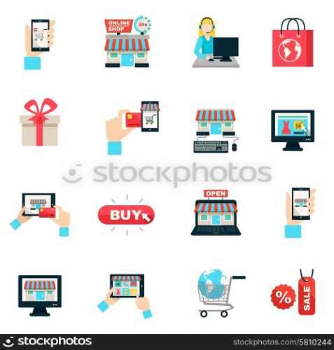 Internet Shopping Flat Icon Set . Internet shopping online store and delivery service symbols flat color icon set isolated vector illustration
