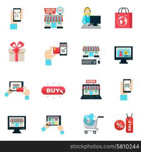 Internet Shopping Flat Icon Set . Internet shopping online store and delivery service symbols flat color icon set isolated vector illustration