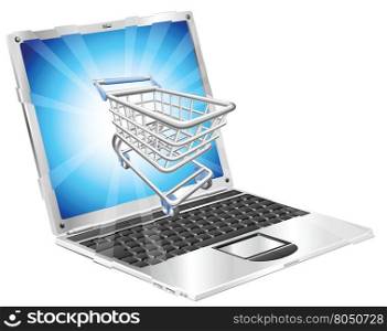 Internet shopping laptop concept illustration. Shopping cart flying out of laptop screen.