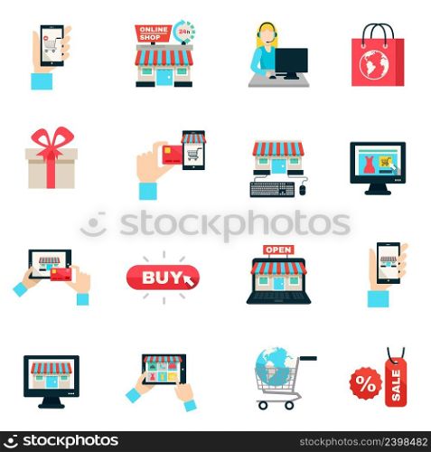 Internet shopping online store and delivery service symbols flat color icon set isolated vector illustration. Internet Shopping Flat Icon Set 
