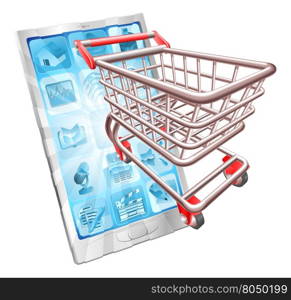 Internet shopping phone concept illustration. Shopping cart flying out of phone screen.