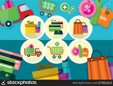 Internet shopping process and delivery. Business shop sale icons. Poster concept with icons of buying product via online shop and e-commerce ideas symbol and shopping elements in flat design pattern.