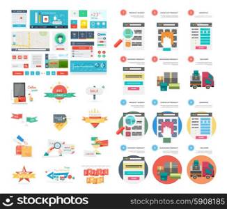 Internet shopping process and delivery. Poster concept with icons of buying product via online shop and e-commerce ideas symbol and shopping. One page website flat ui and ux kit elements icons