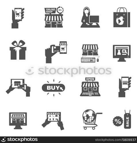 Internet Shopping Silhouette Icon Set . Internet sale web store shopping and delivery flat black silhouette icon set isolated vector illustration
