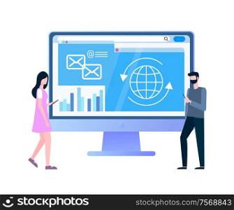 Internet shopping statistics webpage and customers vector. Global network, online store page on computer screen and clients with smartphones or gadgets. Internet Shopping Statistical Page and Customers