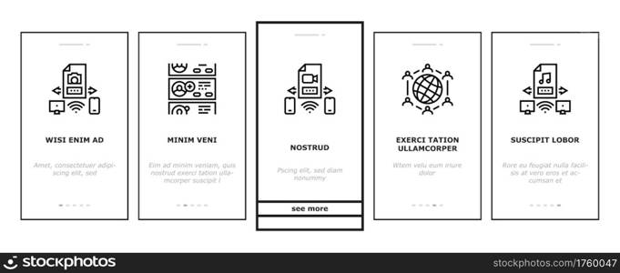 Internet Social Media Onboarding Mobile App Page Screen Vector. Social Media Page Registration And Internal Communication, User Profile And Purchases Illustrations. Internet Social Media Onboarding Icons Set Vector