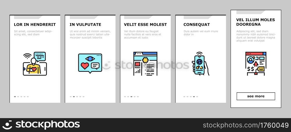 Internet Social Media Onboarding Mobile App Page Screen Vector. Social Media Page Registration And Internal Communication, User Profile And Purchases Illustrations. Internet Social Media Onboarding Icons Set Vector