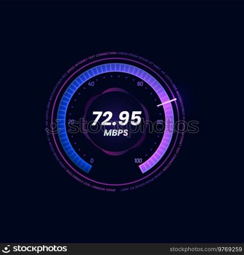 Internet speed meter futuristic dial, WI-FI signal strength neon indicator. Internet download or upload Mbps speed test, network bandwidth level digital vector display with violet gauge and arrow. Internet speed meter, WI-FI signal strength dial