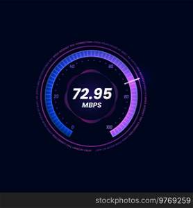 Internet speed meter futuristic dial, WI-FI signal strength neon indicator. Internet download or upload Mbps speed test, network bandwidth level digital vector display with violet gauge and arrow. Internet speed meter, WI-FI signal strength dial
