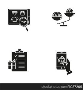 Internet store glyph icons set. Choosing and buying products online. Compare product price. Writing gift list. Mobile shopping, online shop app. Silhouette symbols. Vector isolated illustration