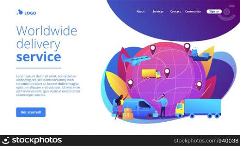Internet store goods international shipment. Global transportation system, worldwide logistics and distribution, worldwide delivery service concept. Website homepage landing web page template.. Global transportation system concept landing page.